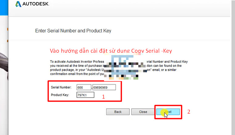 Bước 3: Dán Serial Number và Product Key > Next